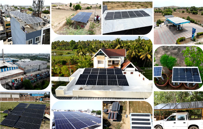 A collection of images featuring different solar panels, emphasizing solar energy projects in  Rajasthan.

